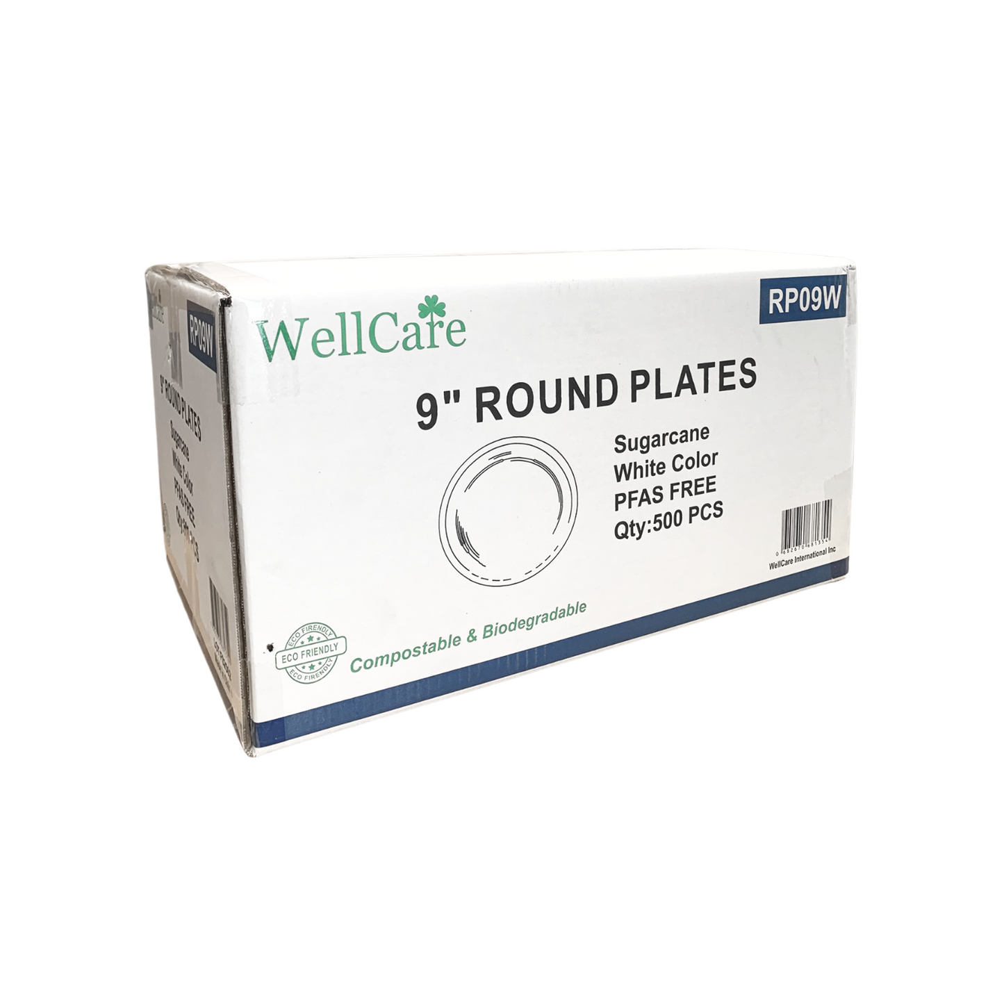 Wellcare 9in Sugarcane Round Plate White 500pc/case