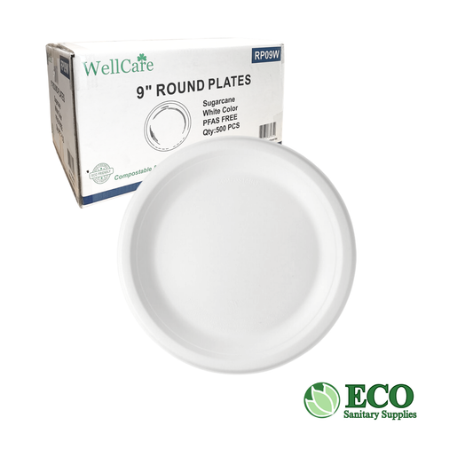 Wellcare 9in Sugarcane Round Plate White 500pc/case