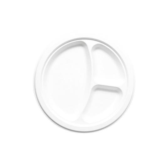 Wellcare 9in 3 Compartment Sugarcane Round Plate White 500pc/case