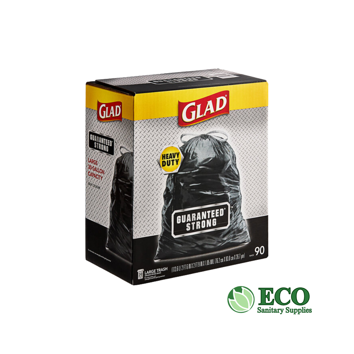 Trash Liners (Glad Drawstring Large Trash Bags) 30in x 33in, 1.05 Mil, Black 90/cs (30Gal)