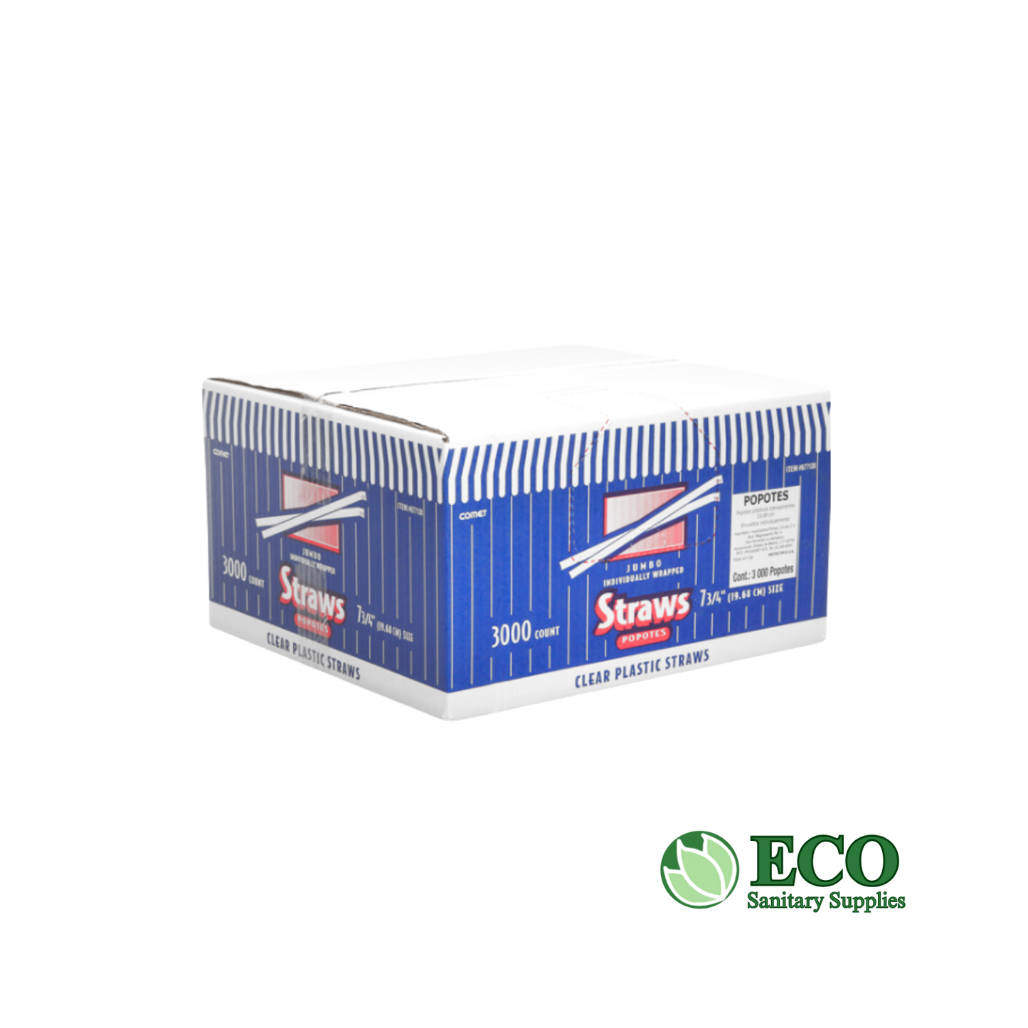 Comet 7-3/4in Wrapped Plastic Straws, Clear, 3000 ct