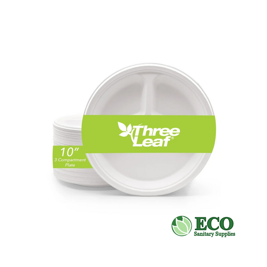 Three Leaf 10in 3 Compartment Bagasse Round Plate 500pc, 125x4