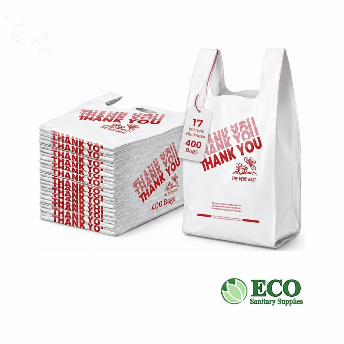 T-Shirt Bag White 1/6 17mic 12 x 7 x 22in 400/cs (Thank you & Red Flower)
