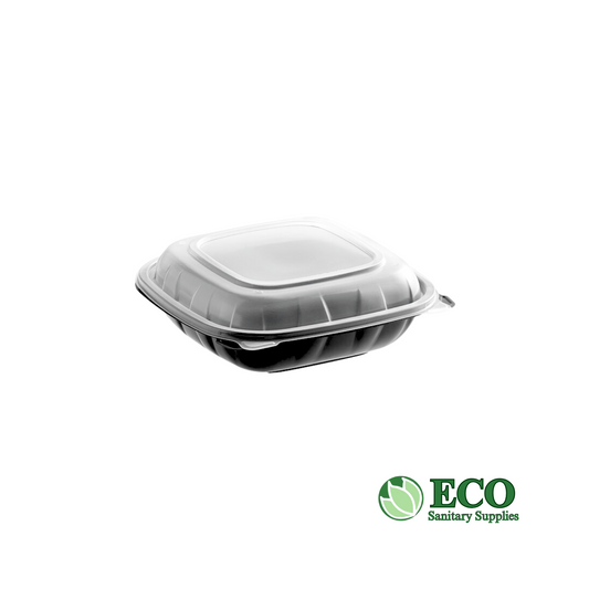 Wellcare 8in x 8in x 3in Plastic Hinged Container 150/case (Clear Top / Black Bottom)