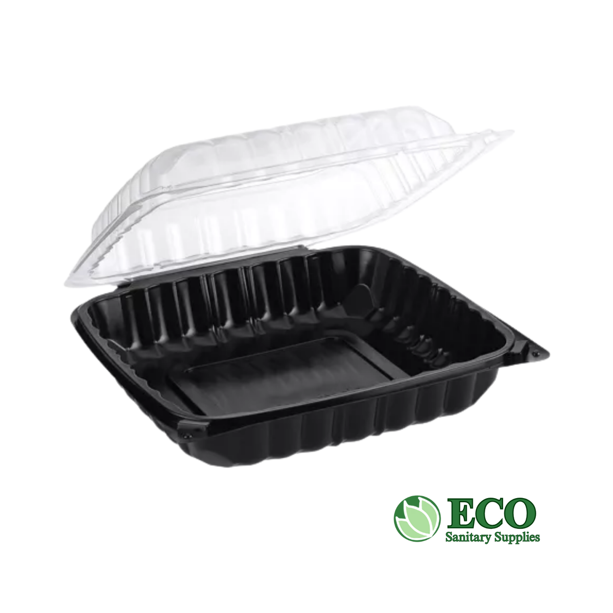 Wellcare 9in x 9in x 3in Plastic Hinged Container 150/case (Clear Top / Black Bottom)
