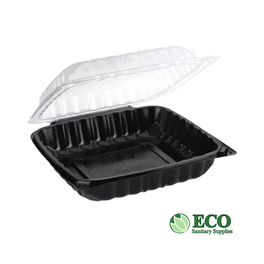 Wellcare 9in x 9in x 3in Plastic Hinged Container 150/case (Clear Top / Black Bottom)