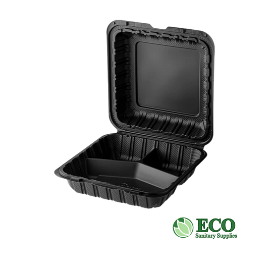 Wellcare Black Hinged Container 9 x 9 x 3in 3 Compartment PP 150pc/cs