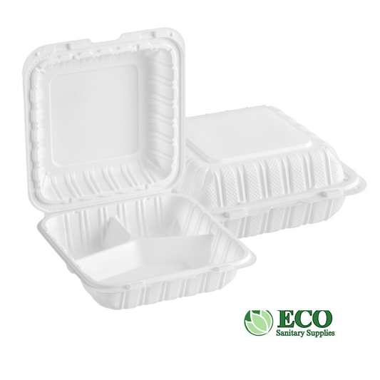 Wellcare White Hinged Container 8 x 8 x 3in 3 Compartment PP 150pc/cs