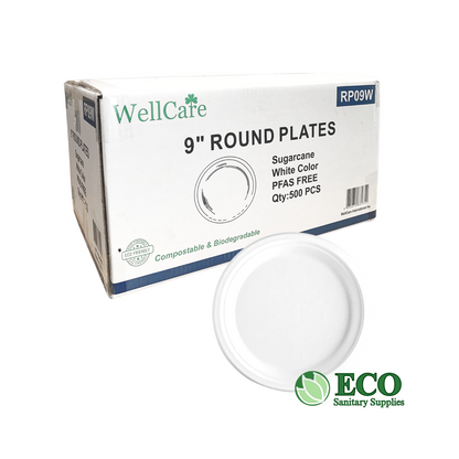 Wellcare 9in Sugarcane Round Plate White 500pc/case