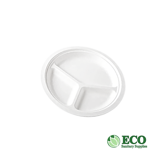 Wellcare 10in 3 Compartment Sugarcane Round Plate White 500pc/case