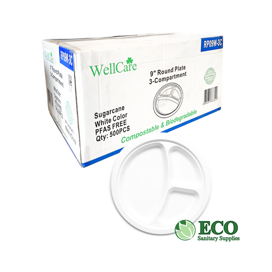 Wellcare 9in 3 Compartment Sugarcane Round Plate White 500pc/case