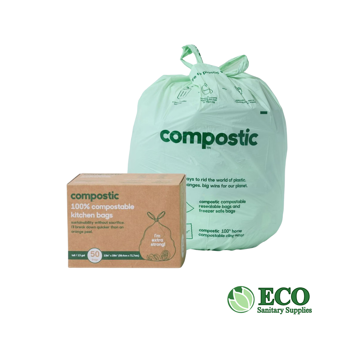 13 Gallon Eco Green Trash Bags Drawstring, 50 Bags, Heavy Duty Extra Thick